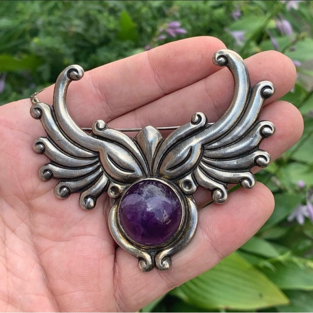 Sterling silver 925 Mexico old taxco owl brooch pin amethyst jelly belly